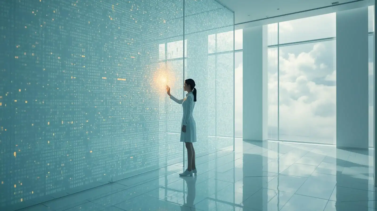 Donna in ambiente futuristico seleziona un unico elemento dorato su una griglia olografica, metafora visiva di una landing page focalizzata su un solo obiettivo