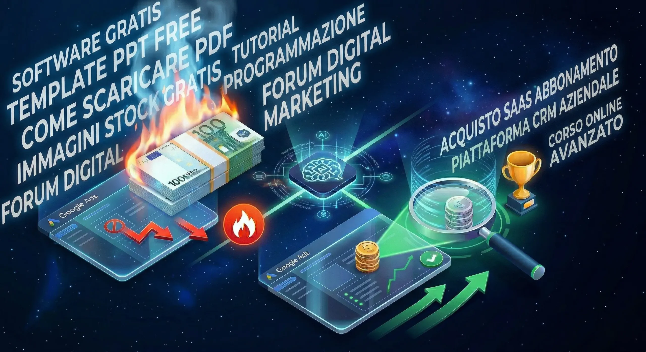nfografica olografica che mostra il contrasto tra il budget sprecato in broad match con keyword generiche e l'ottimizzazione tramite AI di Google Ads per vendere SaaS e servizi digitali.