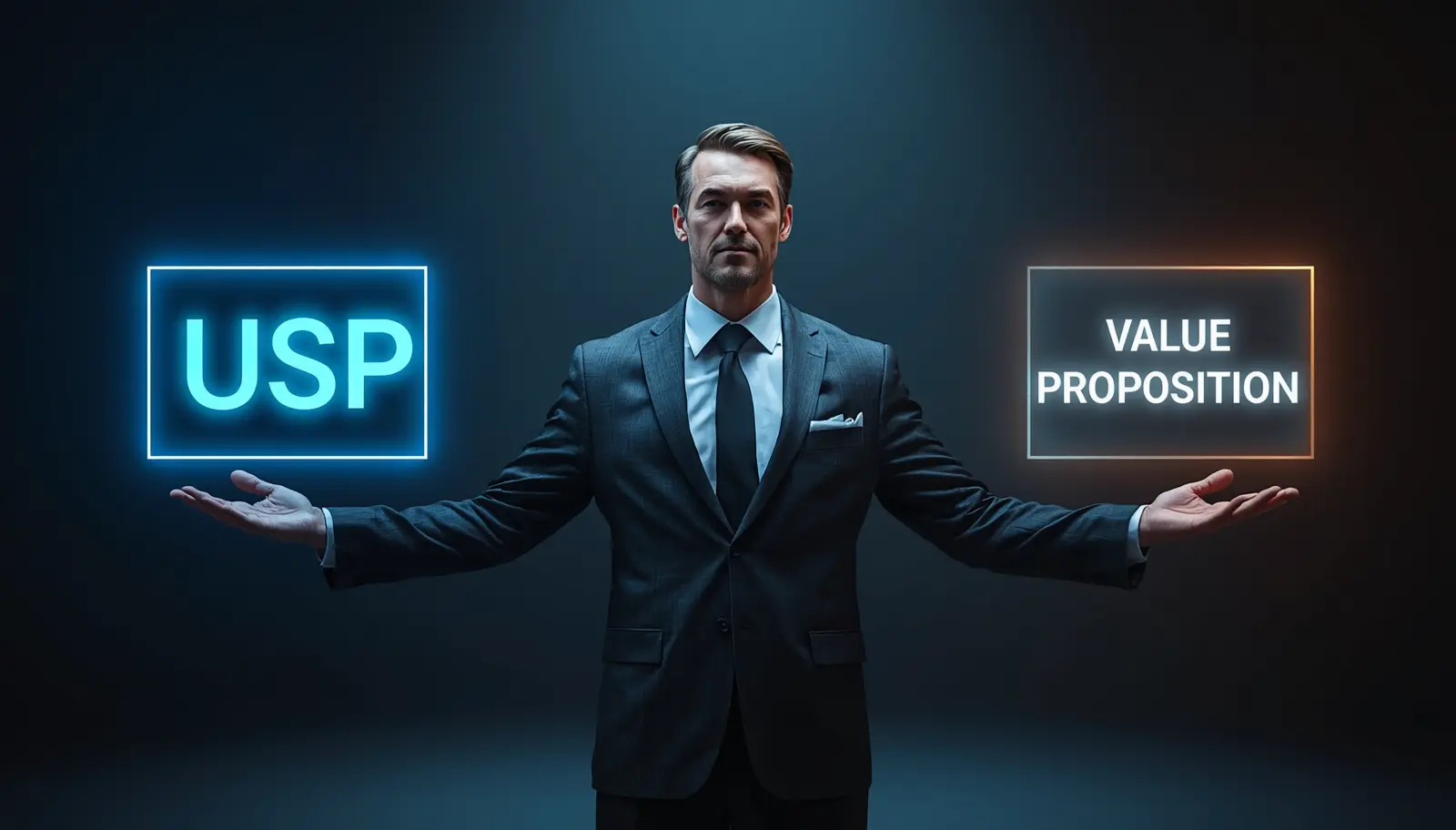 Uomo d'affari tra due insegne luminose, USP a sinistra e Value Proposition a destra: la differenza tra i due concetti