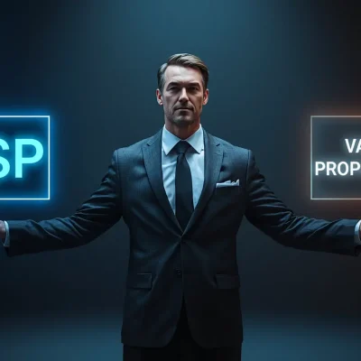 Uomo d'affari tra due insegne luminose, USP a sinistra e Value Proposition a destra: la differenza tra i due concetti