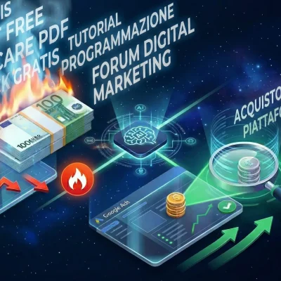 nfografica olografica che mostra il contrasto tra il budget sprecato in broad match con keyword generiche e l'ottimizzazione tramite AI di Google Ads per vendere SaaS e servizi digitali.